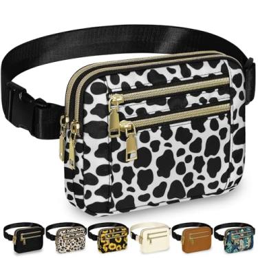 Imagem de Capolo Pochetes femininas modernas com alça ajustável e 4 bolsos com zíper, impermeável, em todos os lugares, bolsa de cinto transversal para treino, corrida, viagem, Estampa de vaca, Large