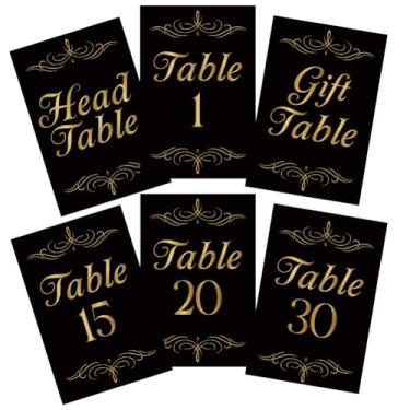 Imagem de GOMAKERER 32 cartões de números de mesa de casamento, 1 a 30 números dourados pretos de dois lados, placas de números de mesa de casamento com cabeça e cartão de mesa de presente, peça central de