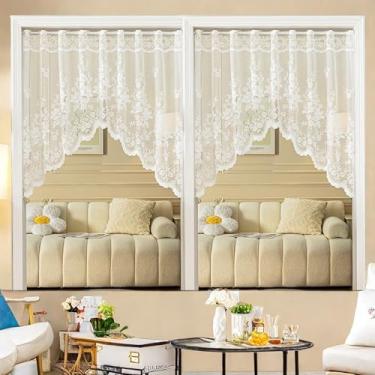 Imagem de Cortina de cozinha de renda floral 99 cm de comprimento, cortina transparente, saia branca, painel de porta, bolso de haste, voile, camada de tratamento de janela para banheiro, sala de jantar