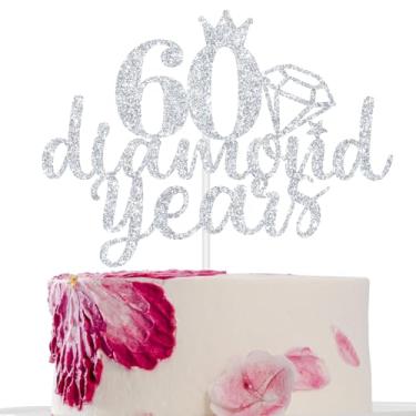 Imagem de Topo de bolo de 60 anos de diamante, aniversário de 60 anos, feliz aniversário de 60 anos, decorações de bolo amadas prata
