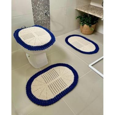 Imagem de Jogo De Banheiro Em Crochê 3 Peças Telinha Bico Colorido Artesanal (Azul Royal)