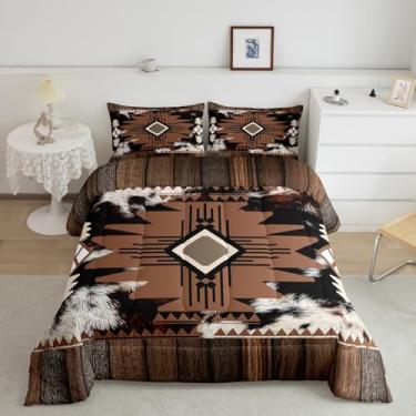 Imagem de Feelyou Conjunto de edredom com estampa de pele de vaca do sudoeste, tamanho casal, boho, pele de animal, fazenda, oeste, bege, marrom, 3 peças com 2 fronhas