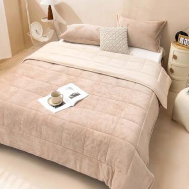 Imagem de ele ELEOPTION Conjunto de edredom King Size para inverno, outono, super macio, com edredons quentes de lã (269 x 228 cm) e 2 fronhas (50,8 x 71 cm) para quarto leve de café/camelo