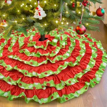 Imagem de yuboo Saia de árvore de Natal verde e vermelha, saia de árvore de babados de 122 cm com bolinhas, tapete grande e fofo para árvore de Natal vintage para árvores artificiais de 15 a 2,5 m, enfeites de