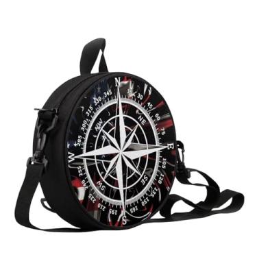 Imagem de Sannovo Bolsa feminina em formato de relógio redondo com zíper para mulheres, bolsa de ombro, presente para mãe e namorada, Bússola preta com bandeira americana, One Size