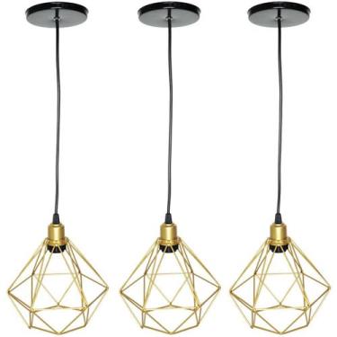 Imagem de 3 Pendente Aramado Diamante Luminária Lustre Luxo Pequeno Teto Retrô A