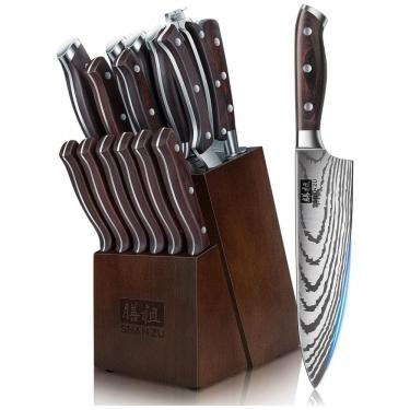 Imagem de Conjunto de Facas em Aço Inoxidável com Bloco de Bancada e Afiador Embutido, 16 Peças, SHAN ZU, Marrom