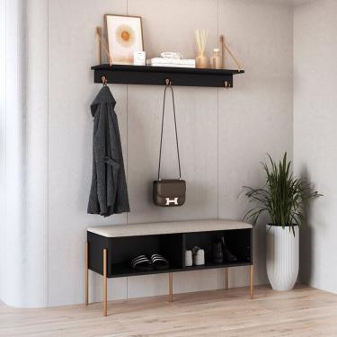 Imagem de Conjunto Sapateira Banco Estofada e Prateleira Pé Metal Oslo Nero/Dourado