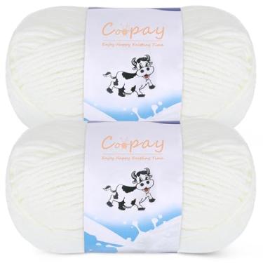 Imagem de Coopay Fio para tricô de crochê, fios de crochê, 2 × 50 g - 120 m - 60% algodão 40% fios de mistura de acrílico, fio de cobertor quadrado Granny (branco leitoso)