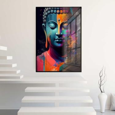Imagem de Quadro Decorativo com Moldura e Acrilico Cristal Vidro Buda Arte Colorida Sala Quarto Hall