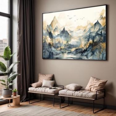 Imagem de Quadro com Moldura e Acrilico Cristal Vidro Sala Quarto Paisagem Abstrato Montanhas Azul Bege Decorativo Horizontal Grande Hall