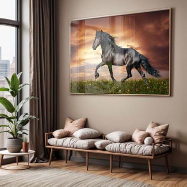 Imagem de Quadro com Moldura e Acrilico Cristal Vidro Sala Quarto Cavalo Preto Decorativo Horizontal Grande Hall