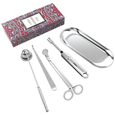Imagem de Lsnisni Conjunto de acessórios de vela de 5 peças com isqueiro elétrico recarregável, bandeja de armazenamento, aparador de pavio, snuffer, Dipper - Kit de cuidados de aço inoxidável com pacote de