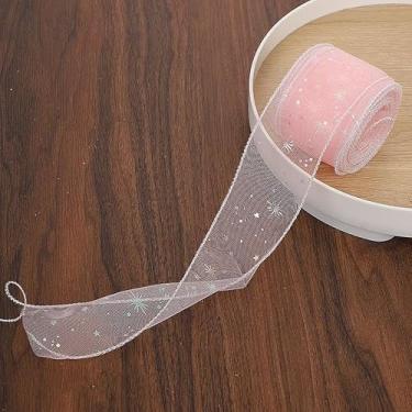 Imagem de Fita com fio transparente estrela 20 jardas 5,5 cm rolo de fitas de chiffon impressas em estrela brilhante para embrulho de presente buquês florais decorações de festa de casamento dia dos namorados