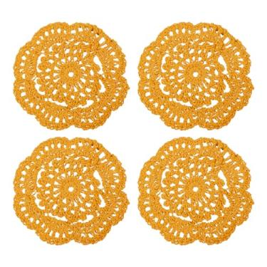 Imagem de Doilies de crochê, 4 peças - Porta-copos de tecido de algodão, porta-copos redondos de renda feitos à mão com padrão floral para decoração de festa de casamento (damasco)