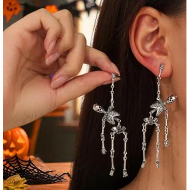 Imagem de Brincos de esqueleto de Halloween para mulheres, brincos pendentes de caveira, bijuterias para festas, viagens, férias, uso diário, Medium, Metal, Sem pedra preciosa