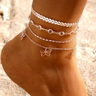 Imagem de 4 tornozeleiras com laço para mulheres, conjunto de pulseiras de tornozelo com corrente simples leve de 4 camadas, joias elegantes e modernas, ideal para eventos casuais e especiais, Medium, Cobre