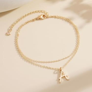 Imagem de Tornozeleiras banhadas a ouro 14K para mulheres - tornozeleira de aço inoxidável A-Z com pingente de símbolo inicial de A-Z, hipoalergênica, impermeável, aniversário, Natal, mãe, avó, 7, Latão, Sem