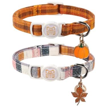 Imagem de Pacote com 2 coleiras para gatos Maca Bates com estampa xadrez de abóbora e sino com pingente fofo, coleiras quadriculadas duráveis e macias para PP, pequeno, médio, grande, meninos, meninas, fêmeas e
