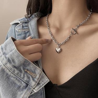 Imagem de Colar feminino banhado a ouro branco 18K – Corrente oval delicada com pingente de coração em camadas, hipoalergênico, impermeável, não mancha, joias modernas, 18", Titânio, Sem Pedra Preciosa