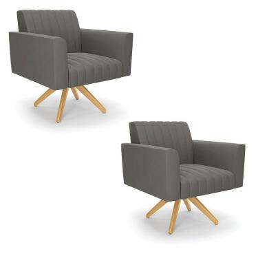Imagem de Kit 2 Poltronas Giratória Viena Gomada Suede Base De Madeira Ma30 - D'rossi Cor Grafite