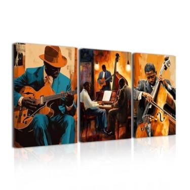 Imagem de LZIMU Arte de parede de jazz abstrata preta imagem de música afro-americana impressões em tela pintura de banda de jazz vintage para decoração de sala de aula de clube musical emoldurada (laranja