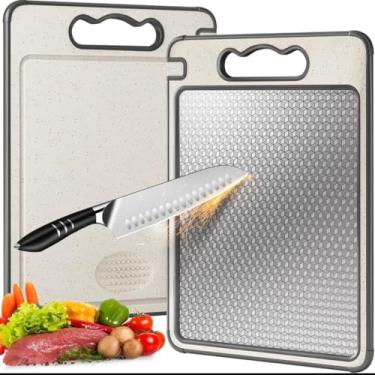 Imagem de Tábua de Corte para Cozinha Dupla Face Aço Inoxidável e PP, Superfície Higiênica para Carnes, Frutas e Vegetais, Afiador Integrado, Canaletas Antirrespingo, Base Antiderrapante e 36x25cm