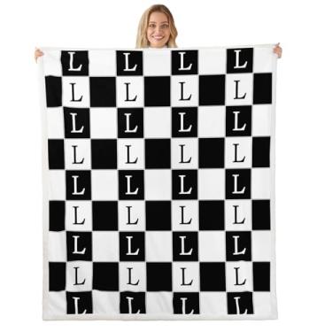 Imagem de Erosebridal Cobertor xadrez preto e branco sherpa xadrez letra L felpudo pelúcia manta monograma grade cobertor de lã para crianças, meninos, meninas, decoração guingão de fazenda para cama sofá 127 x