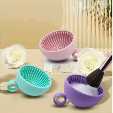 Imagem de 1 escova de limpeza de silicone para maquiagem com tigela texturizada e alça de anel, portátil para viagens e salão de beleza, rosa