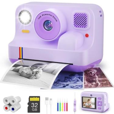 Imagem de Câmera de impressão instantânea para crianças, impressão de aplicativos, vídeo 1080p, câmera digital de selfie de lente dupla com SD de 32 G, presentes de aniversário de Natal para meninas, meninos, 4