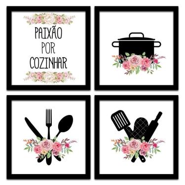 Imagem de Conjunto Quadros Decorativos 4Pç 20X20 Paixão Por Cozinhar 2 Titulo Moldura Preta