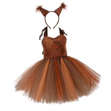 Imagem de kowaku Vestido de tule infantil com tema de esquilo, modelo princesa leve, Tamanho 3xl