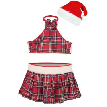 Imagem de FEOYA Men’s Christmas Lingerie Set Xmas Costumes with Santa Hat Choker Neck Crop Top and Red Plaid Skirt L