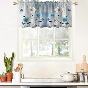 Imagem de AAtter Cortina floral de cozinha para janela flor azul e branco linda borboleta rústica margarida pequena curta casa sala de estar quarto banheiro bolso varão tecido drapeado 1 painel, 132 cm L x 45,7