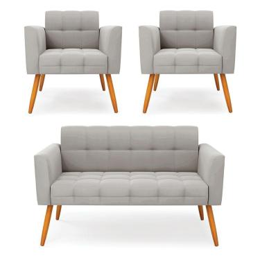 Imagem de Kit 1 Sofá Namoradeira E 2 Poltronas Elisa Veludo Cinza Pés Palito Castanho