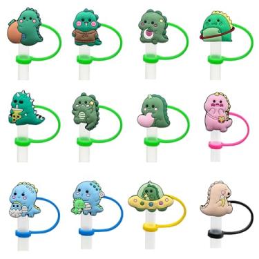 Imagem de 12 peças de topo de canudos de dinossauro de silicone fofo capa de palha de dinossauro 10 mm bonito animal tampas de ponta de palha acessórios para copo de 30 1,134 g
