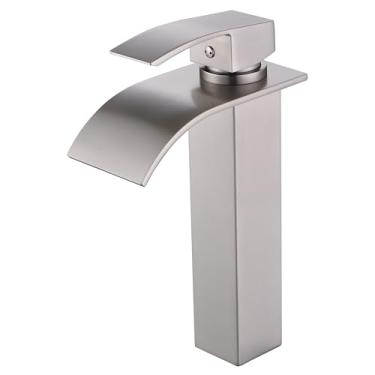 Imagem de sumerain Torneira de pia de vaso de cachoeira torneira de banheiro alta, níquel escovado alça única furo único aço inoxidável