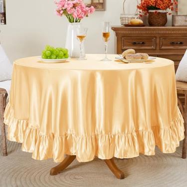 Imagem de Entisn Toalha de mesa redonda com babados de 224 cm, capa de mesa de cetim dourado claro inclui acabamento de 12 cm para mesa de 76 a 182 cm, lavável e resistente a amassados, decoração sedosa para