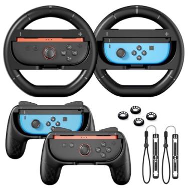 Imagem de Switch 2 Accessories Bundle For Nintendo Switch 2/Switch1/OLED Joycons, Steering Wheel For Mario Kart World/8 Deluxe, Controller Grip With Ergonomic Design, Anti-Slip Thumb Grip Joy-Stick Caps