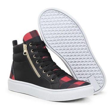 Imagem de Tênis Sneaker Cano Alto Feminino Cadarço Zíper Estilo Macio Preto Xadr