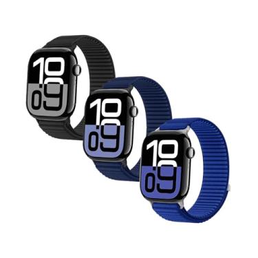 Imagem de Pulseira de nylon macio para Apple Watch SE/2 e séries 9/8/7/6/5/4/3 para meninas e meninos, para iWatch 38/40/41 mm (preto + azul escuro + azul Klein)
