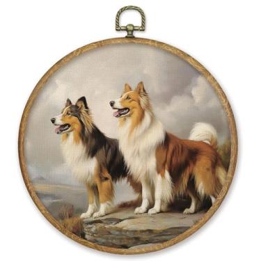 Imagem de CGBHW Decoração de arte de parede redonda de cão lobo tchecoslovaco rústico, impressões em tela de cachorro de caça Cottagecore, decoração de parede de casa de fazenda para decoração de sala de estar