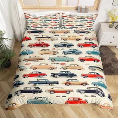 Imagem de Conjunto de capa de edredom de carros vintage, tamanho solteiro dos anos 80, retrô, esportivo, veículos, conjunto de cama 2 peças para crianças, moderno, moderno, bege, colcha, edredom não incluído