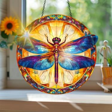Imagem de Acrílico colorido Suncatcher, apanhador de sol estilo vitral impresso libélula com reflexos de arco-íris, decoração de janela suspensa, decoração de parede, ornamentos de Natal para uso interno e