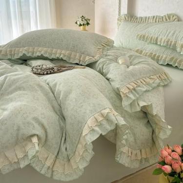 Imagem de VM VOUGEMARKET Conjunto de capa de edredom para meninas, solteiro, vintage, verde sálvia, floral, com babados românticos, conjunto de cama de algodão de gaze de camada dupla, confortável, respirável e