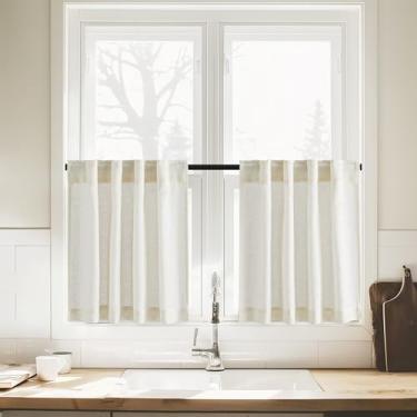 Imagem de Cortinas curtas de 61 cm de comprimento, bolsos traseiros de linho para decoração de casa de fazenda, cortinas transparentes de cobertura de janela com filtro de luz para armário de cozinha, 1 par
