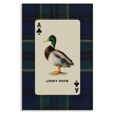 Imagem de XMJJQQ Arte de parede em tela de cartas de baralho de pato mallard, pôster xadrez marinho Lucky Duck Ace Poker, imagem de caça selvagem para pai avô, decoração de parede de dinheiro antigo masculino
