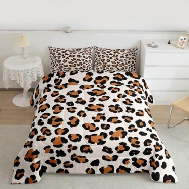 Imagem de jejeloiu Conjunto de edredom de leopardo, marrom, preto, tamanho queen, guepardo, para crianças, meninos, meninas, mulheres, decoração de quarto, 3 peças com 2 fronhas