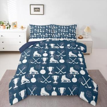 Imagem de Erosebridal Jogo de cama casal de jogador de hóquei no gelo, jogo de cama completo de jogador de hóquei com disco azul, para crianças, meninas, meninos, floco de neve, jogo de bola de neve, para