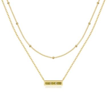 Imagem de Turandoss Colar feminino com pedra do mês de nascimento em camadas, banhado a ouro 14K, esmeralda, pedra do mês de nascimento de 12 meses, joia moderna de aniversário do dia das mães, presente para